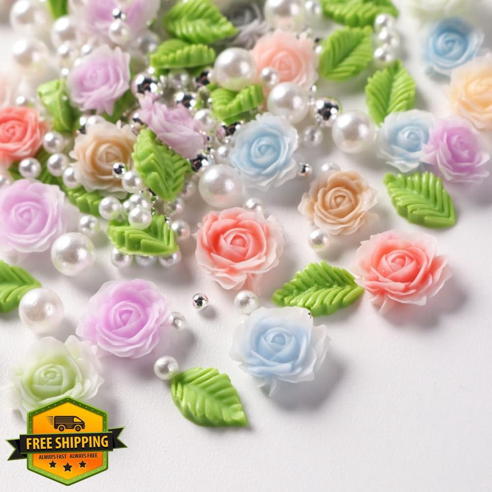 Tephrent 3D Camellias Rose Green Nail Art Charms