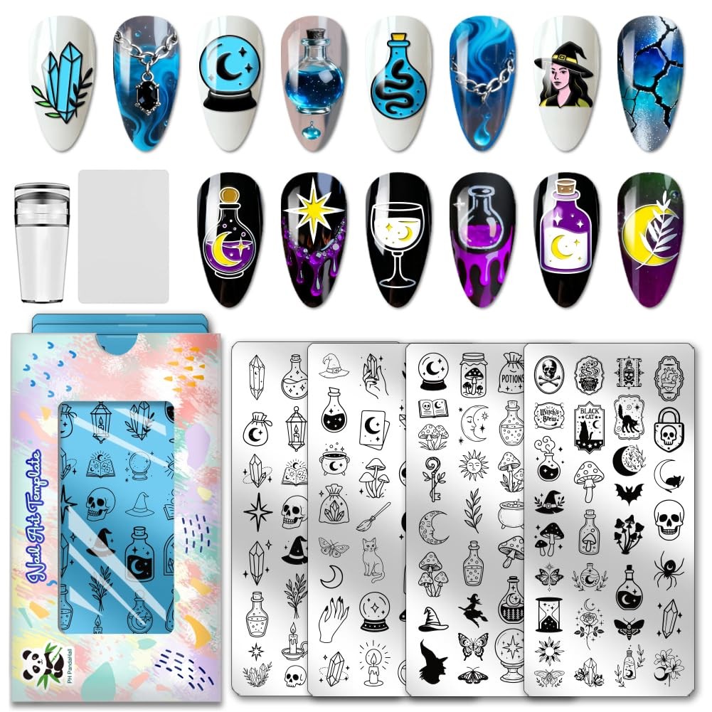 4pcs Magic Potion Nail Stamp Plate Witch Skull Nail Art Template Magic Crysta…
