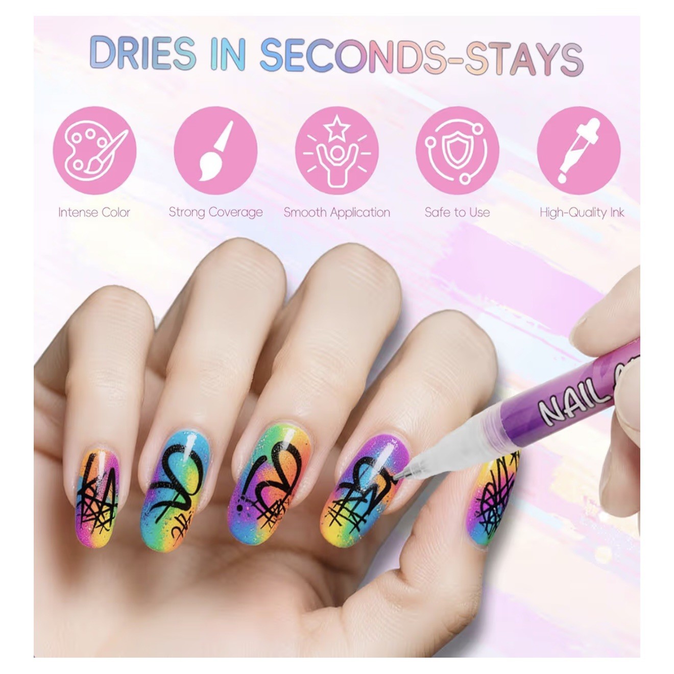 Nail Art Marker Set, 12 Colors, Water-based, Quick Dry, Solid Color, Multicolor*