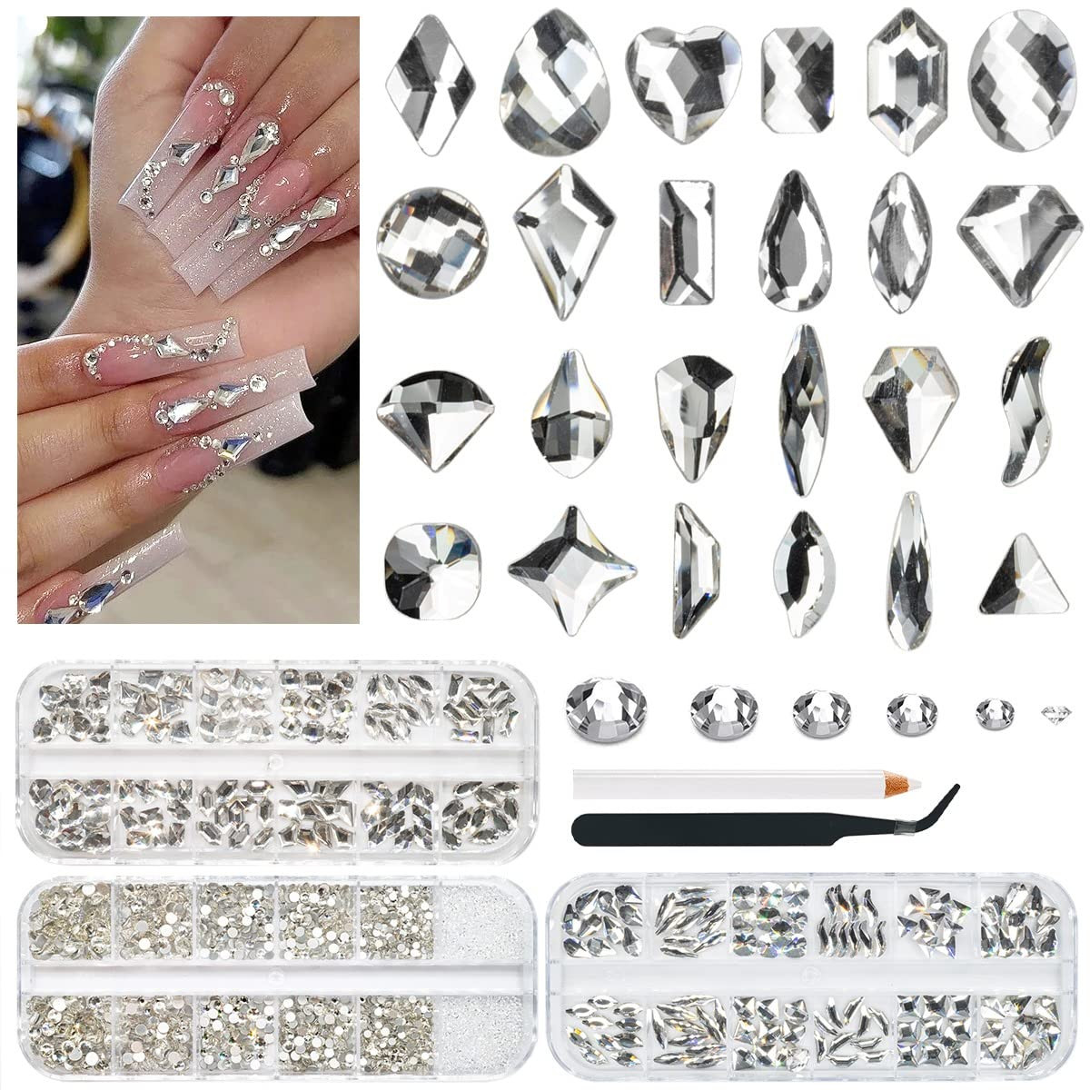 Qiipii 3 Boxes Silver Clear Nail Rhinestones 240 Multi-Shapes Crystal White Big