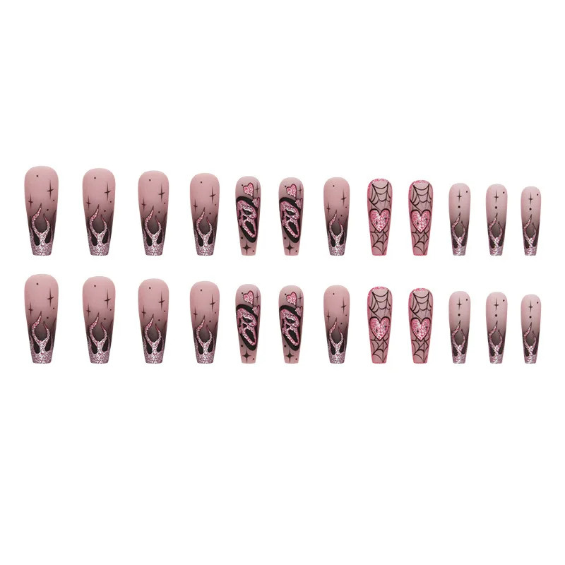 24pcs 2026 Halloween Scary Skull Love Print Press On Nails Glitter Pink Sequins