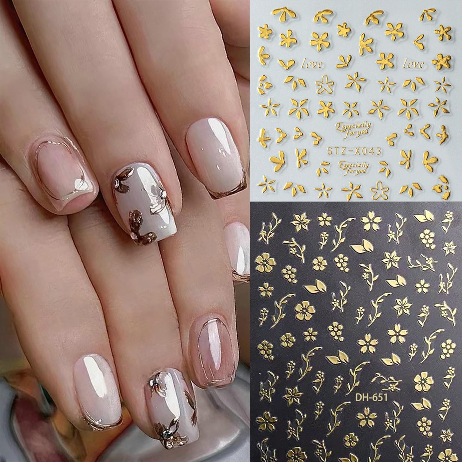 8pcs Gold Flower Leaf Nail Art Stickers 3D Self-Adhesive Metallic Nail Decals…