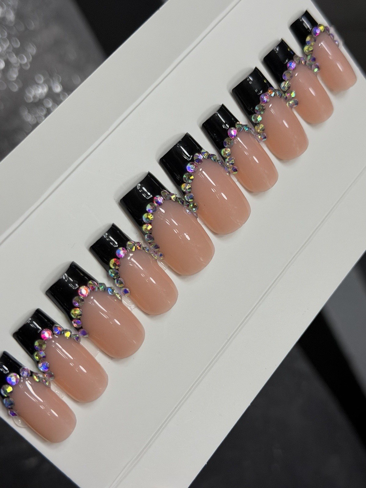 ✨ CUSTOM Press On Nails FRENCH BLACK BLING 10p SET W Kit Size M