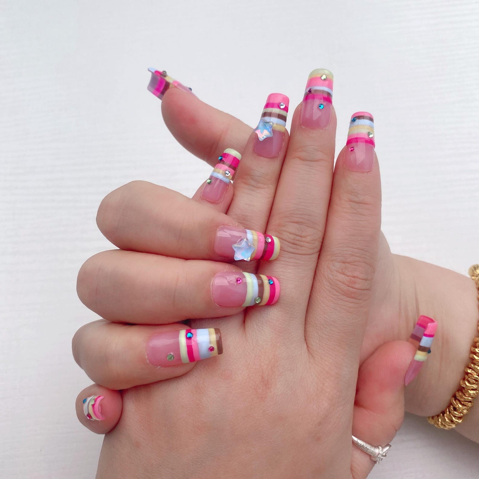 Handmade Rainbow Striped Star Rhinestone Long Square Press on Nails Set