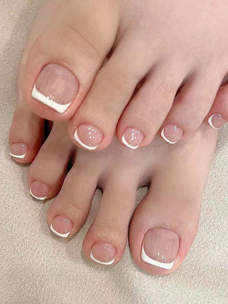 24x False Toenails French Manicure Fake Press On Full Cover Toe Nail With 1 Glue