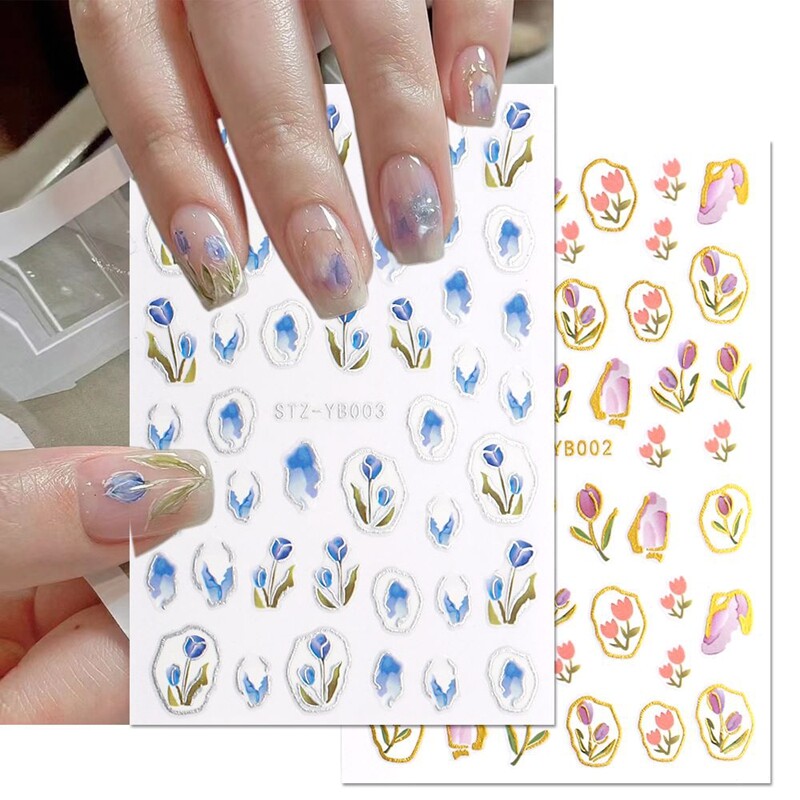 Tulip Flower Leaf Nail Sticker Silver Vintage Flower Blue Pink Wrap Nail Decal