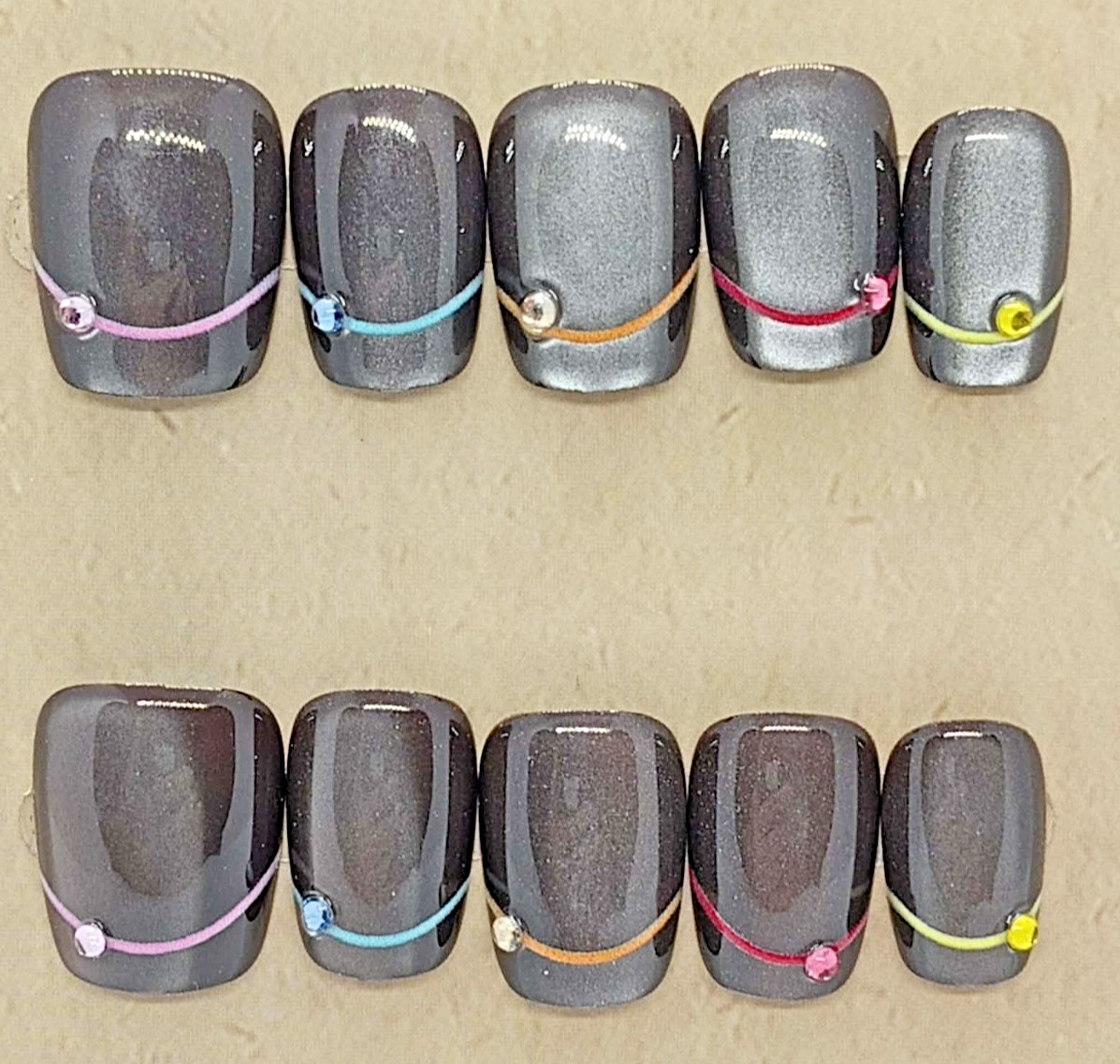 Handmade press on nails SHORT SQUARE BLACK CATS EYE SIZE LARGE RHINESTONES