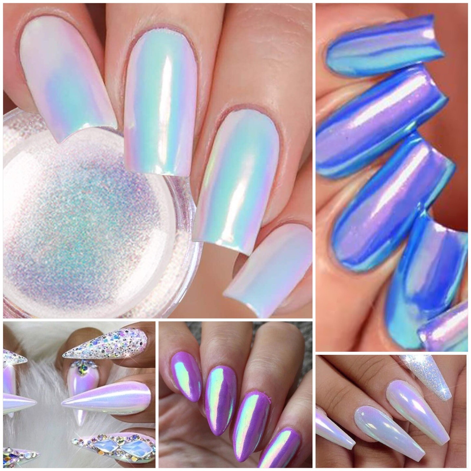 UNICORN CHROME Nail Powder White Mirror AURORA Effect Mermaid Rainbow AB Crystal