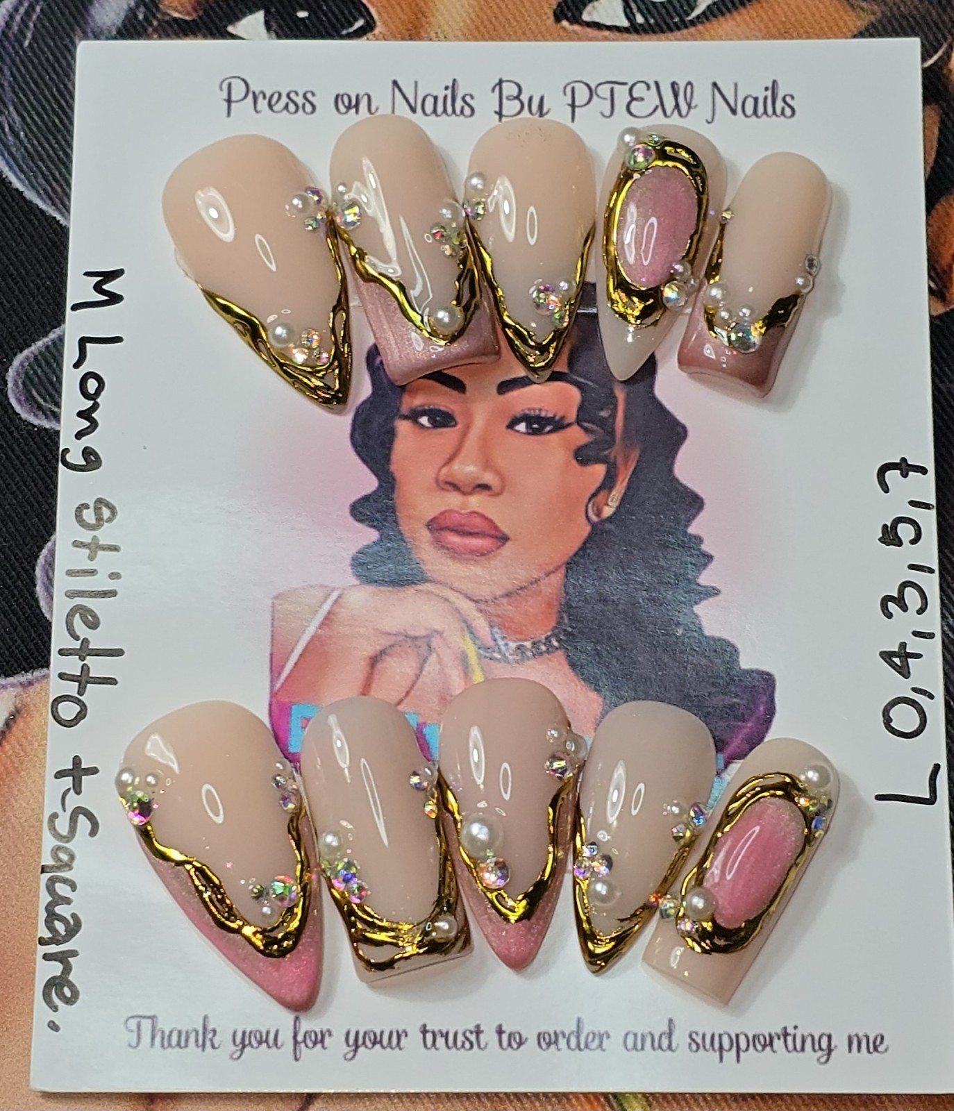 Handmade Gel Press On Nails,Large Size 0,4,3,5,7, M Long Stiletto +Square