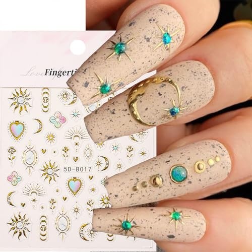 Gold Nail Stickers 5D Sun Moon Heart Nail Decals 2PCS 3D Self Gold Style