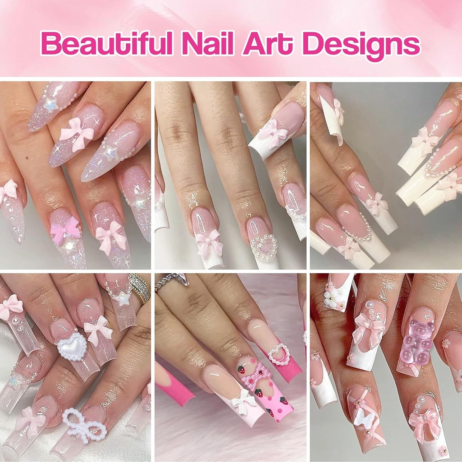Silver Nail Gems Charms 3D Pink Pearl Bow Bear Nail Art Charms For Manicure |