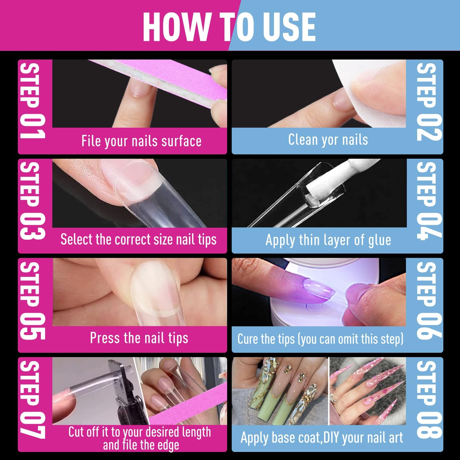 480PCS 3XL Long Clear Nail Tips – 2 Styles Soft Gel False Nails Extension Tip…