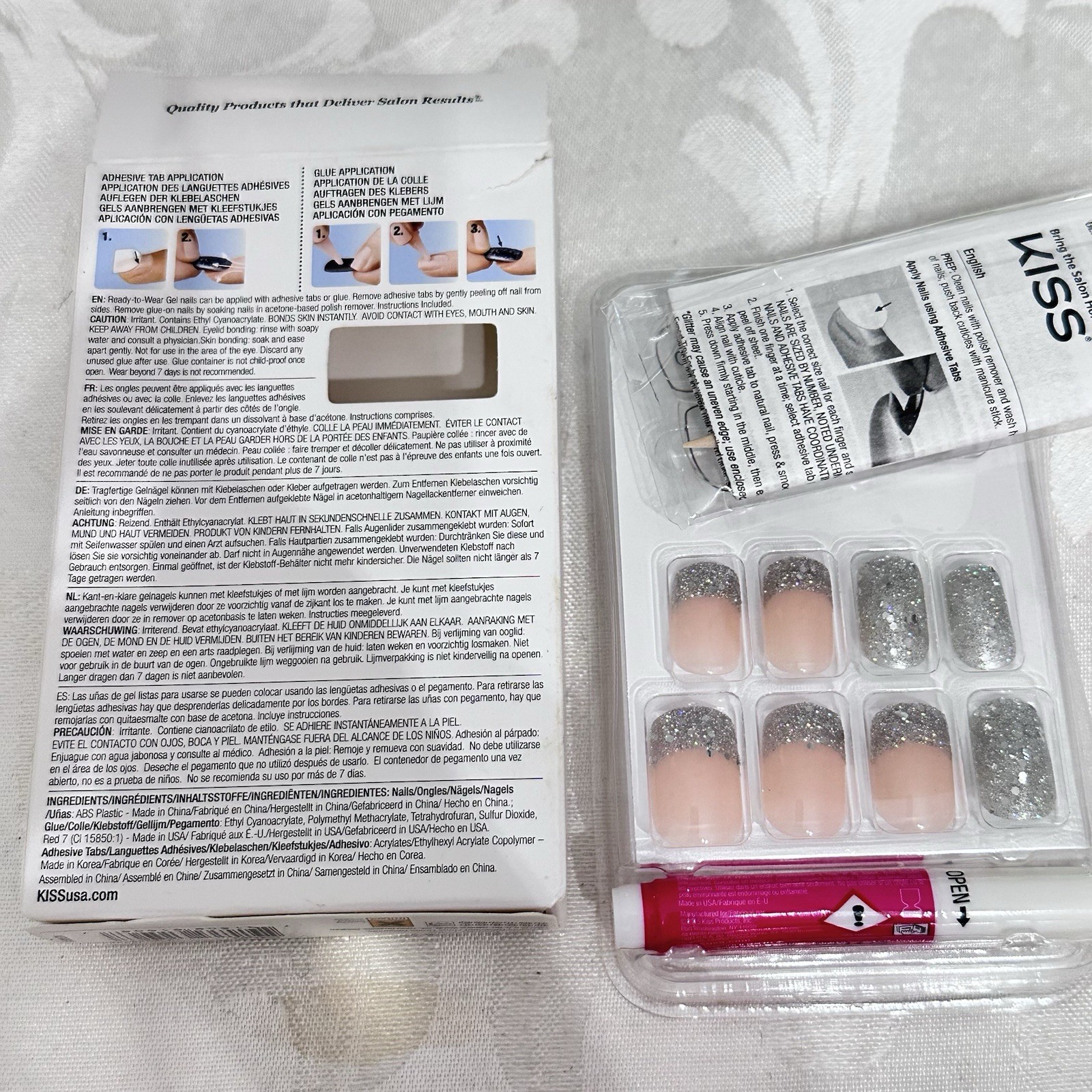 KISS Nails Medium Length Gel Fantasy, Glitter 24 Nails smooth Finish Square