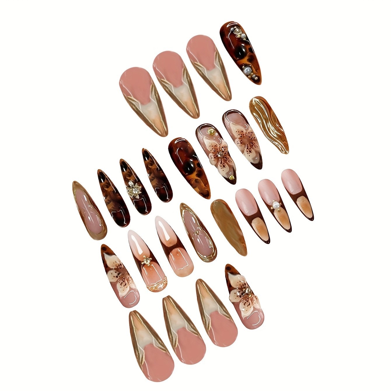 24PCS Black Gold Flower Press On Nails Long Almond Full Cover Reusable Fake Nail