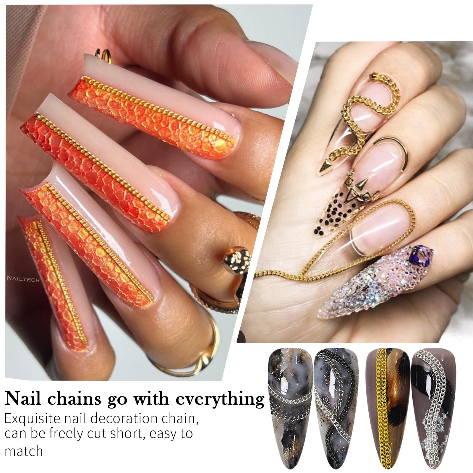 6 Grids Multi-Shape Nails Chain Metal for 3D Nail Art Decorations Accessories