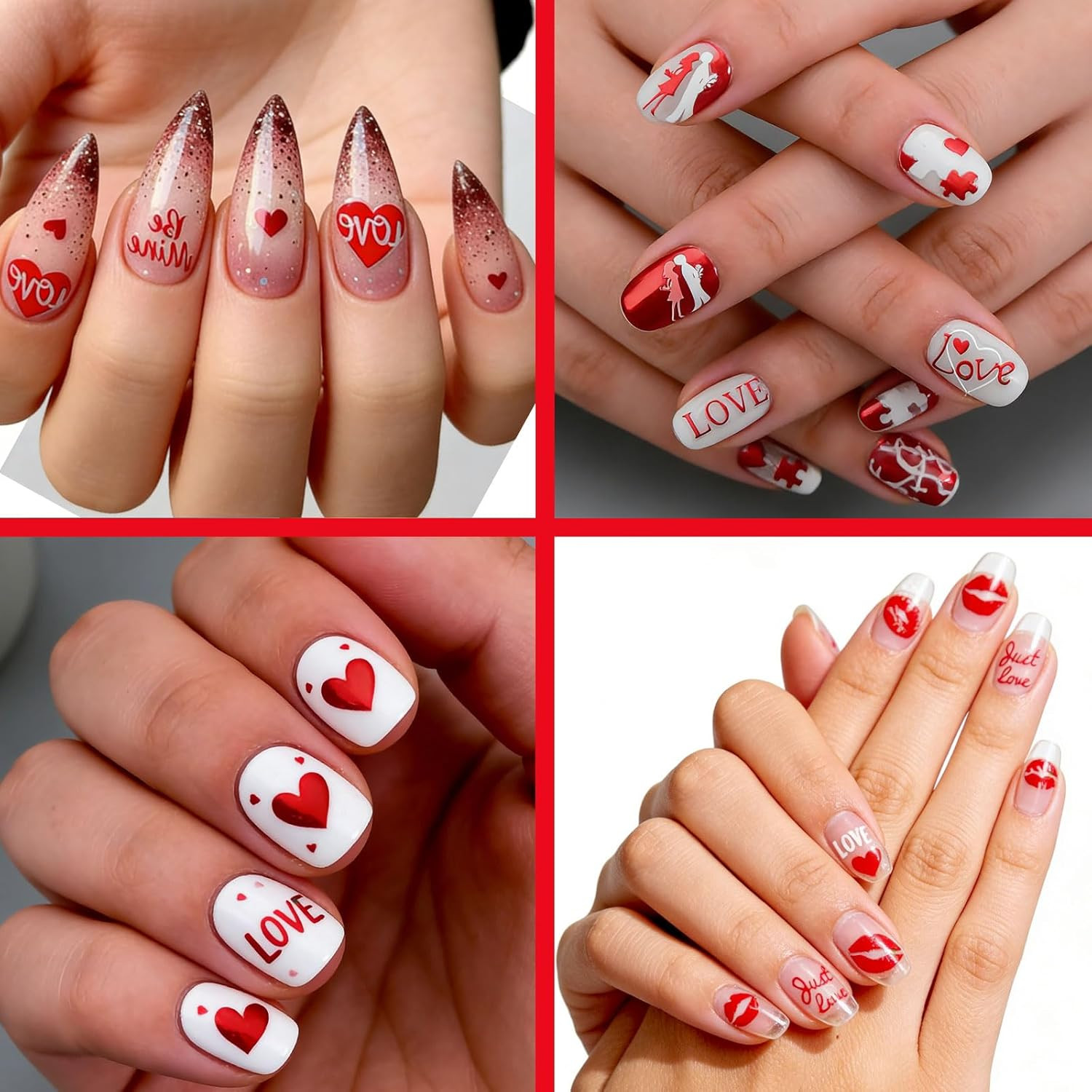 6 Sheets Valentine’S Day Nail Stickers, 3D Red & White Heart Nail Art Decals, Gl