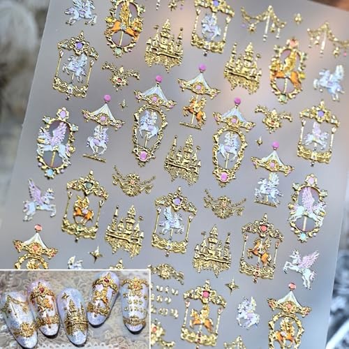 Gold Nail Stickers Horse Nail Decals Carousel with Design 5D Gold Horse