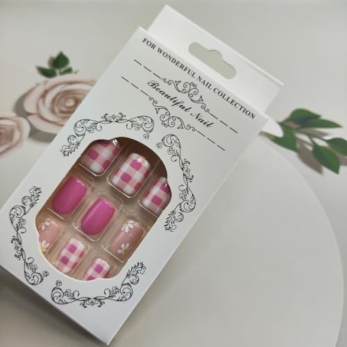 Flower Press on Nails – Spring Short Square Fake Nails with Daisy Gingham Pink