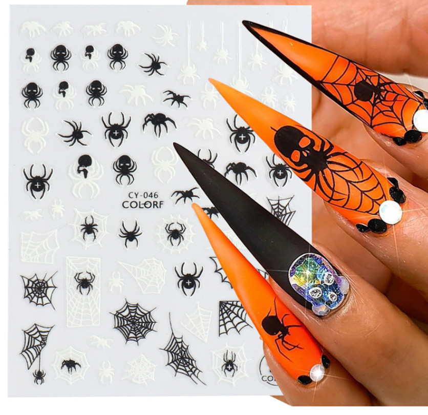 6Pc Adhesive Luminous Nail Art Halloween Skull Ghost Pumpkin Spider Web Bat NS43