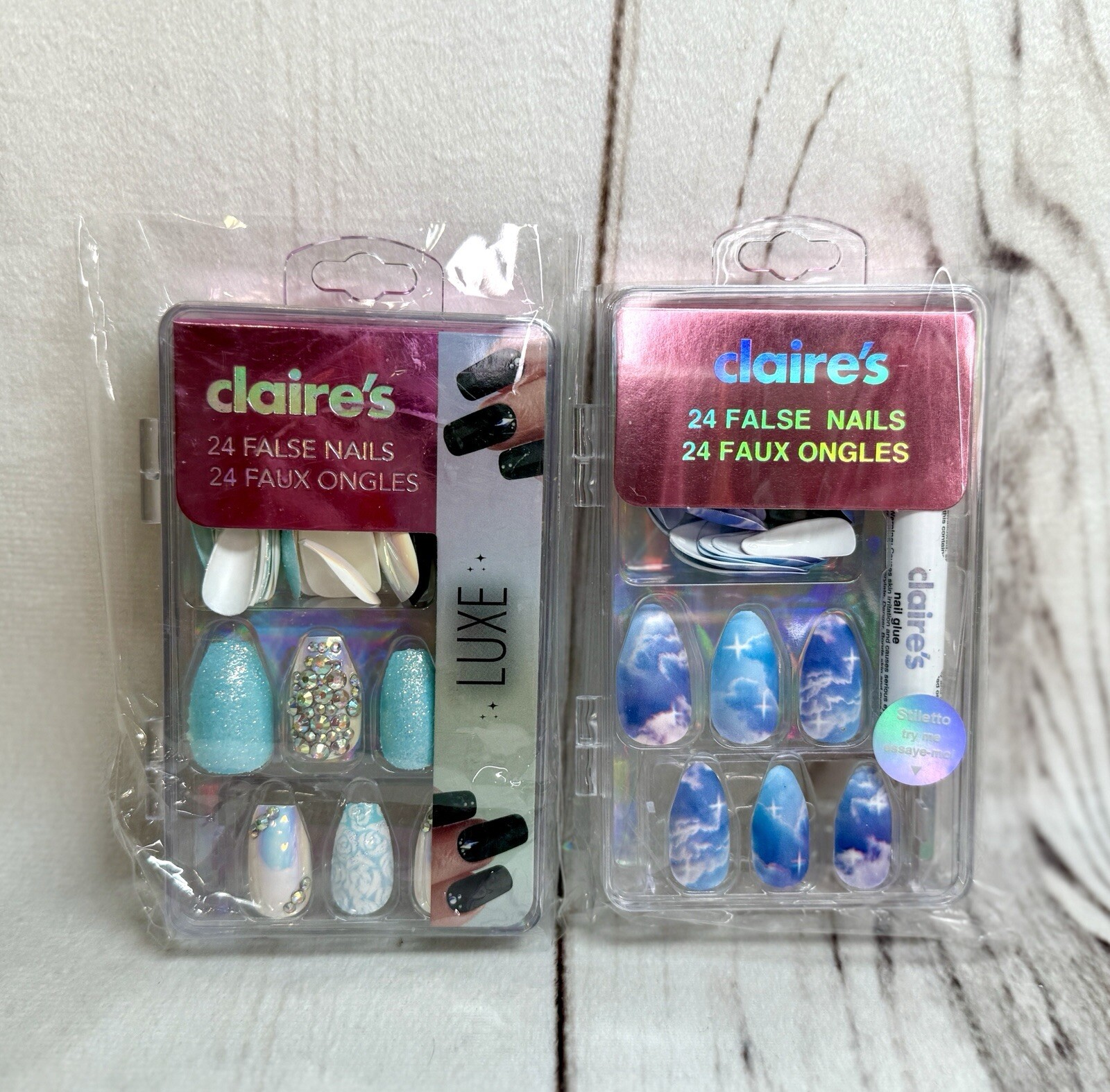 x2 NIB Claire’s 24 Glue Press On Almond Nails Clouds Sky Rhinestone Bling Blue