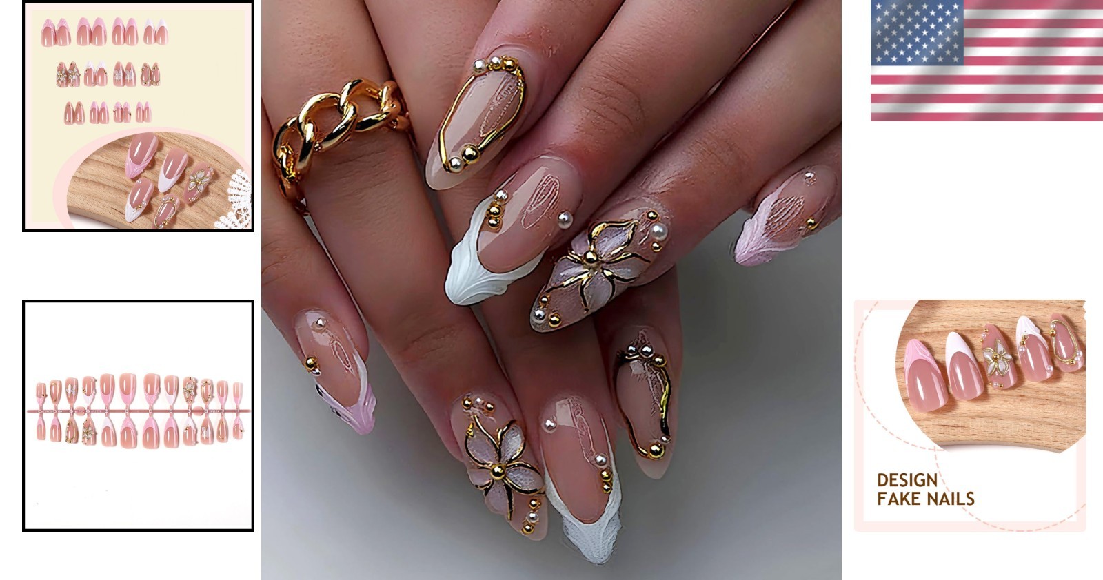 Full Coverage Almond Press on Nails – Glossy Floral Designs for Instant Glam