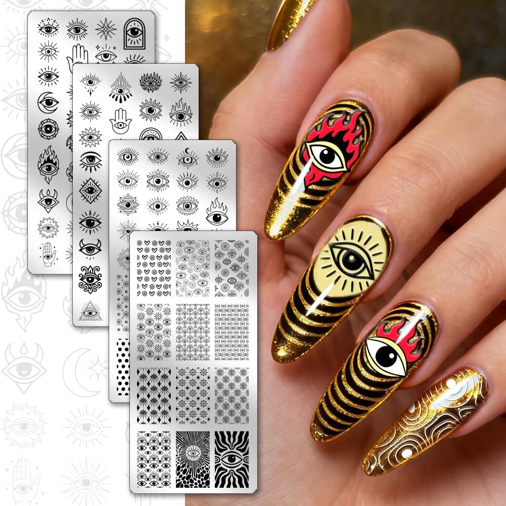 4pcs Evil Eye Nail Stamping Plate Spooky Nails Arts Stencils Mystical Nail St…