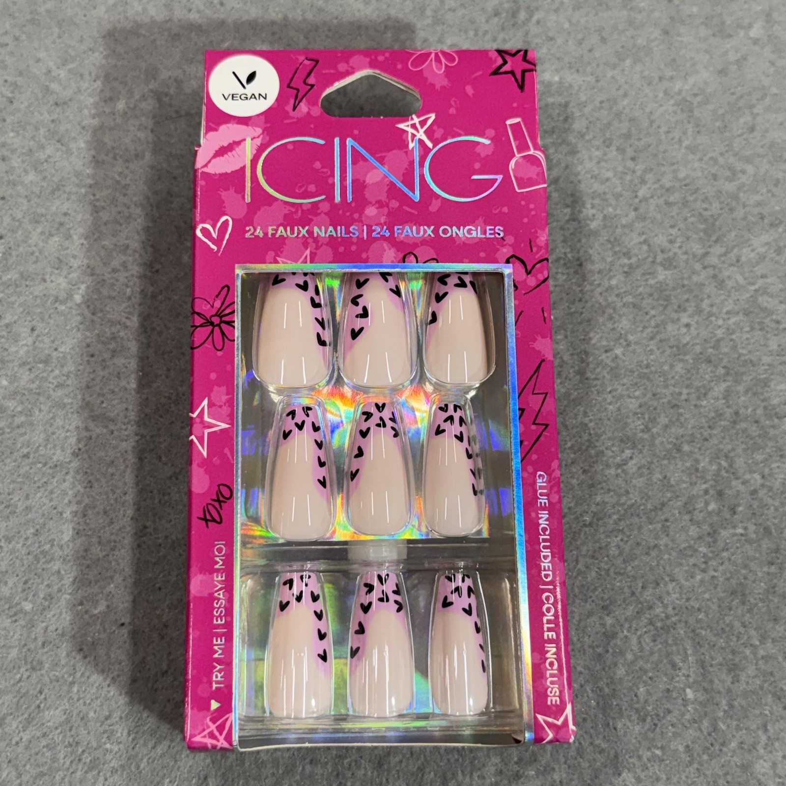 Icing Vegan 24 Faux Nails Nude Pink Leopard Print Press On Set Glue Included NEW