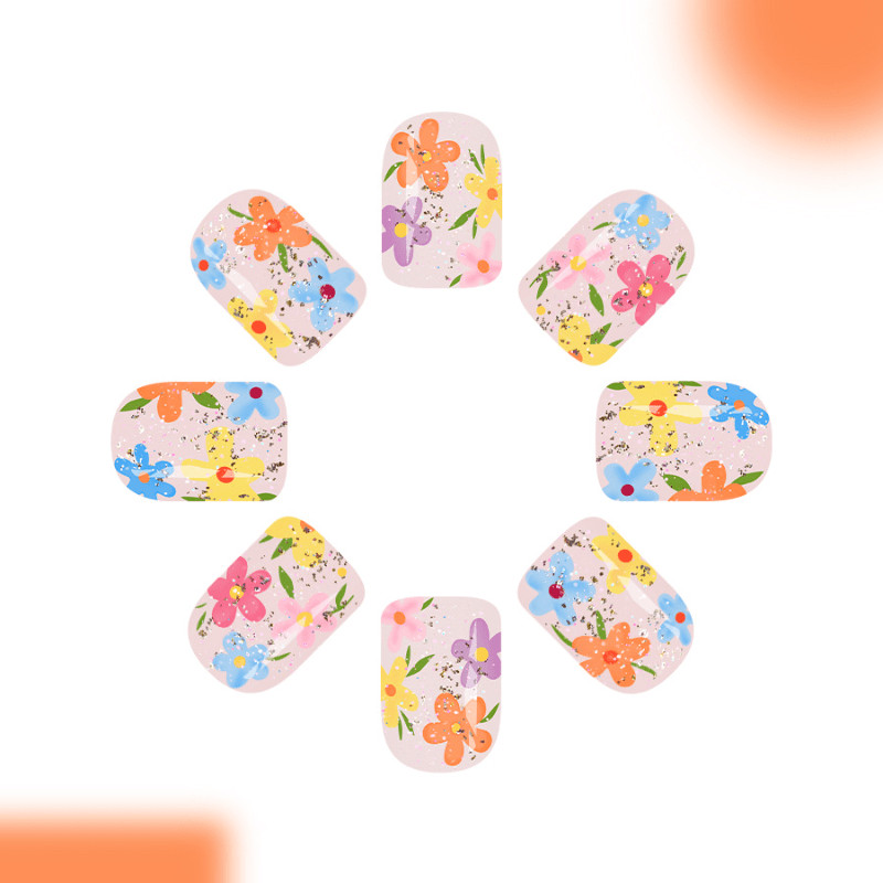 48P Short Square Press on Nails, Clear Glitter Colorful Floral Spring Fake Nails