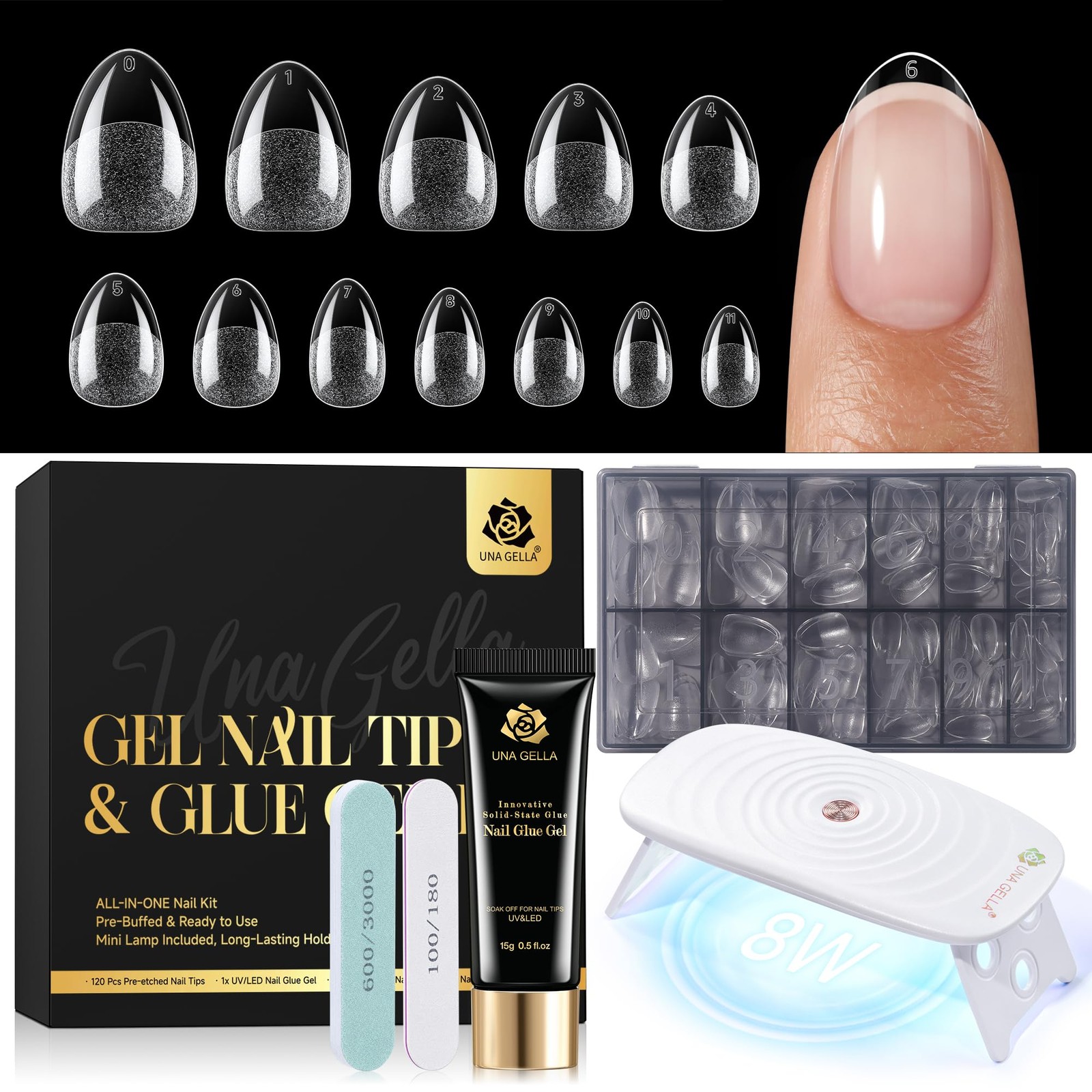 UNA GELLA Gel Nail Kit: Extra Short Almond 120Pcs Pre-Etched Soft Gel Nail Ti…