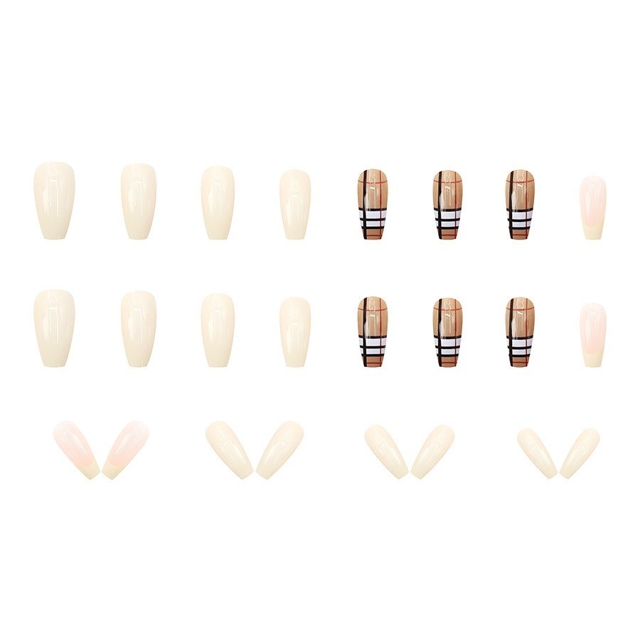 48 Pcs Plaid Press on Nails, Long Coffin Cream Nude Minimal Glossy Fake Nails
