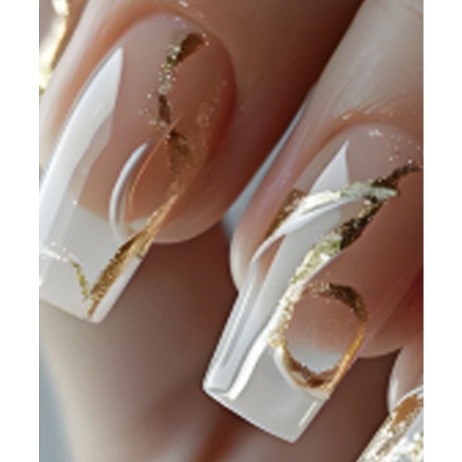 48 Pcs Gold Foil Curve French Press on Nails, Long Coffin Nude Fake Nails