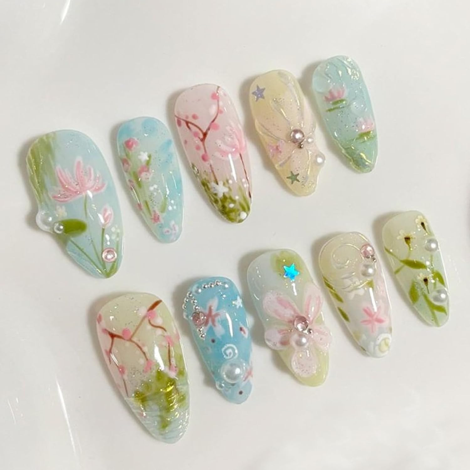 30Pcs Handmade Press on Nails Short Almond Shape Glue on Nails 3D Flower Pearl F