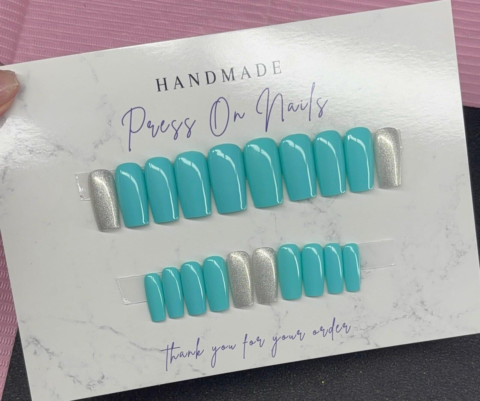 Medium square Press on nails silver glitter teal light blue handmade custom gel