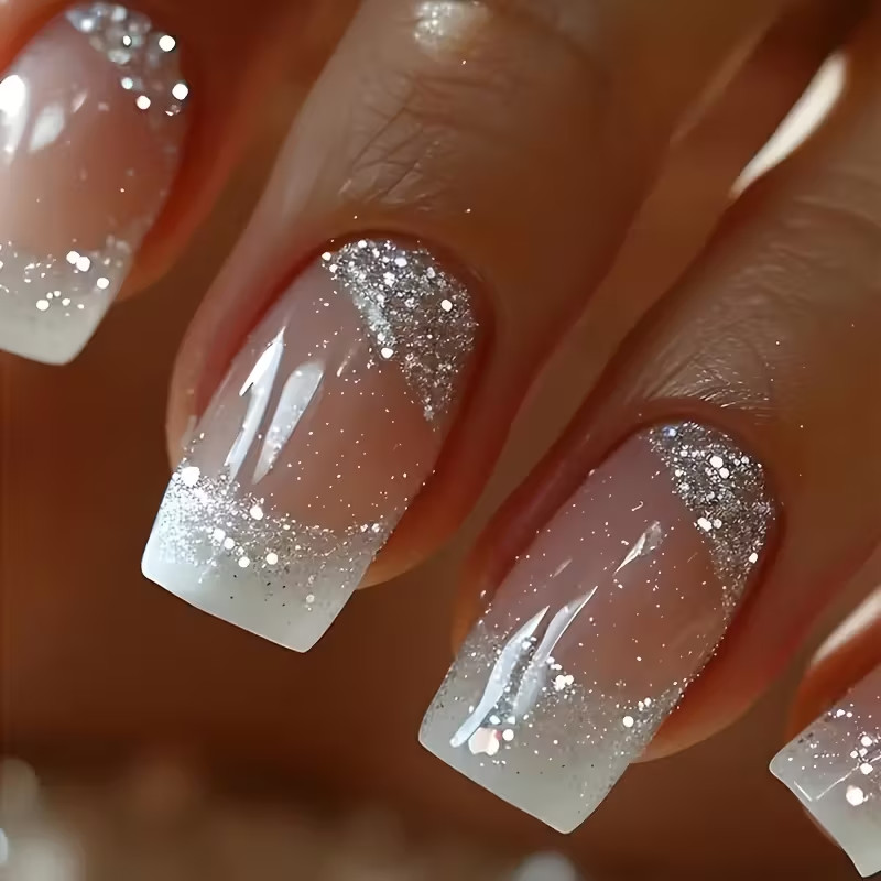 24pcs Medium Press-On Nails, Glossy, Pink and Glitter Silvery Tips