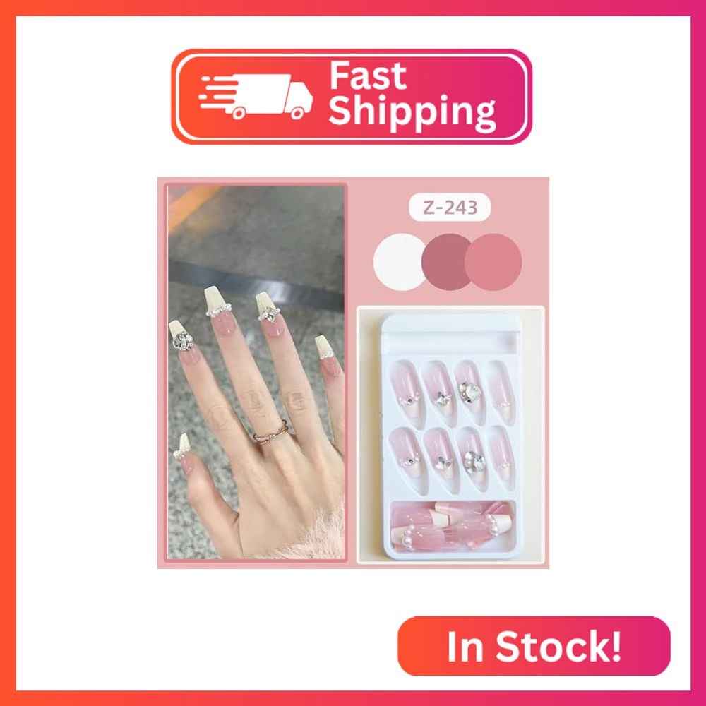 Press on Nails French 24Pcs Glossy Full Cover Medium Artificial Square False Nai