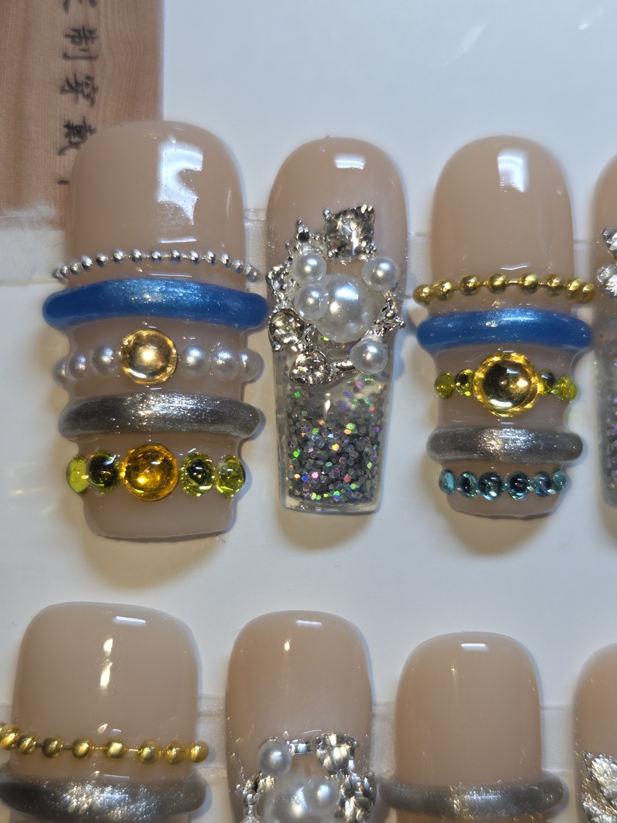 Press On Nails Handmade Medium Silver Medium Y2k Bangle Bracelet Water Aqua Nail