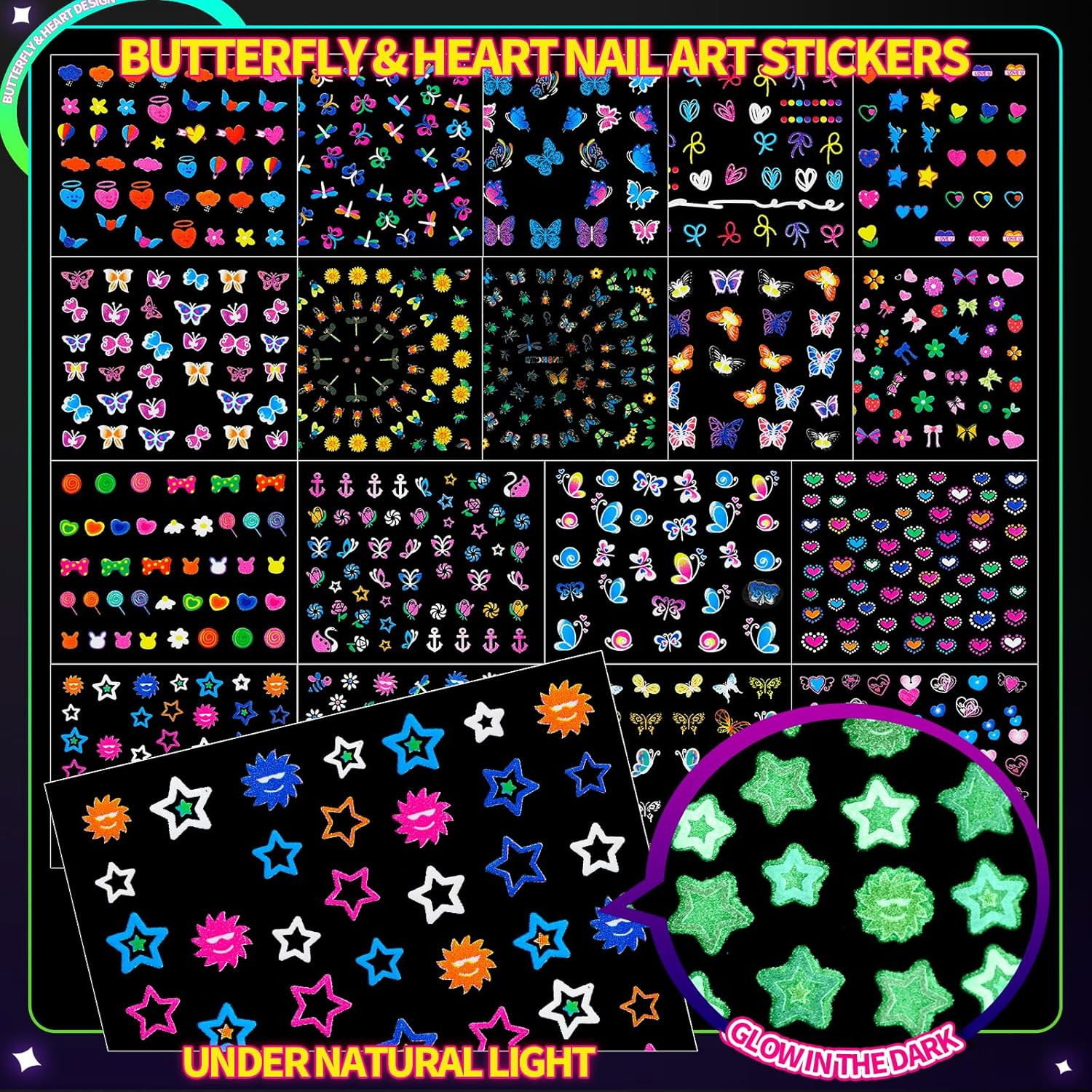 50 Sheets Glow in the Dark Nail Stickers for Kids, Girls Flower Nail Art Sticker