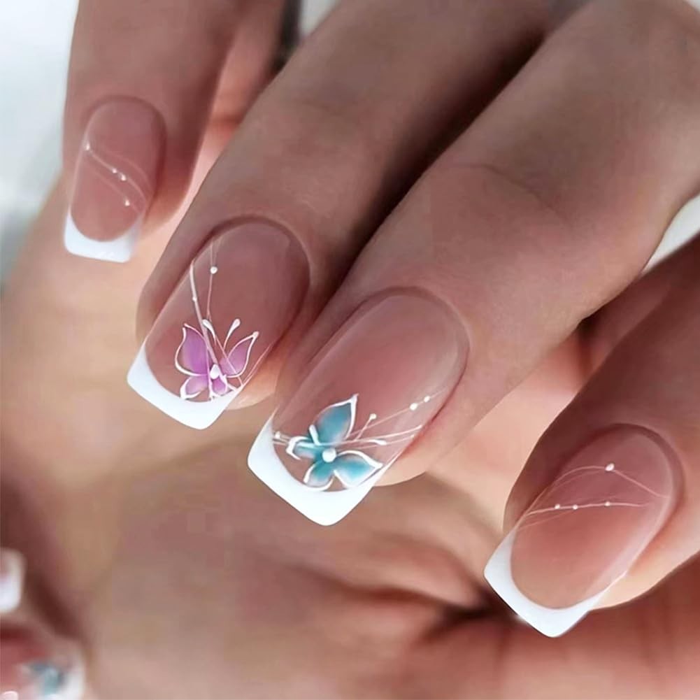 Short Press on Nails with Butterfly Style Design Full Cover Acrylic Fake blue