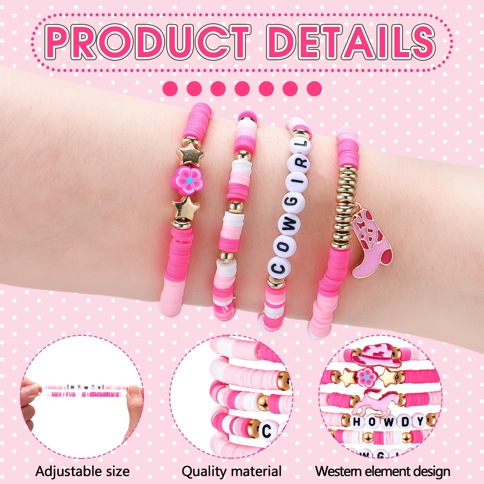 56 Pcs Pink Cowgirl Heishi Bracelets Western Cowgirl Stackable Rainbow Clay B…