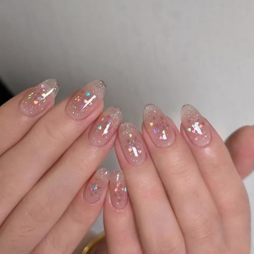 Cute Pink Glitter Press On Nails Almond Shape – 57-Tip with Pink Pearl Glitter