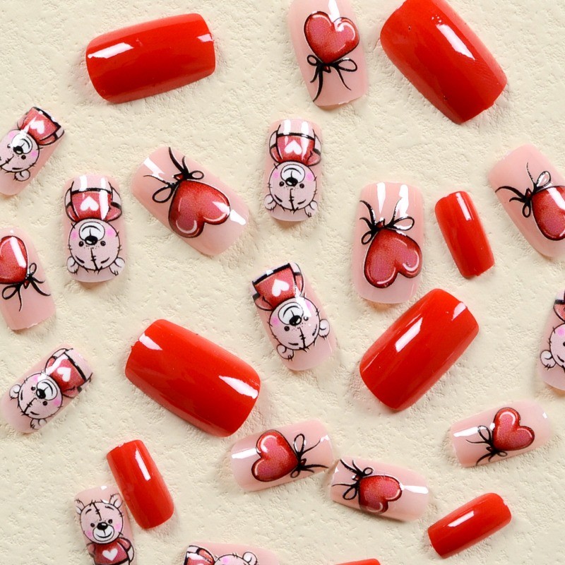 48PCS Cute Kawaii Bear Heart Bow Nail Reusable Fake Nail Art