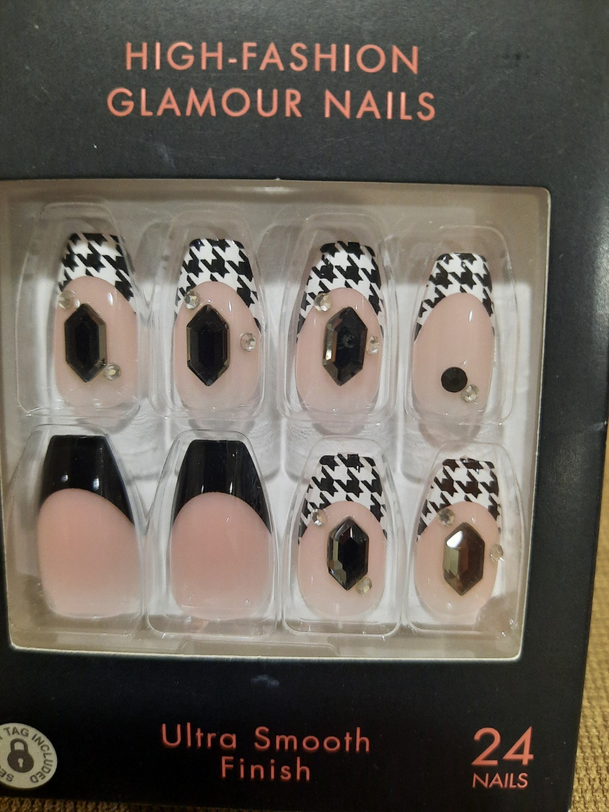 Kiss Jewel Plus Medium Length Nails Glue Included Black White Houndstooth Coffin