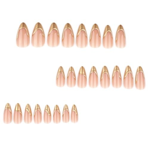 Medium Press on Nails Almond – Gold Fake Nails with 3D Design – Gold French