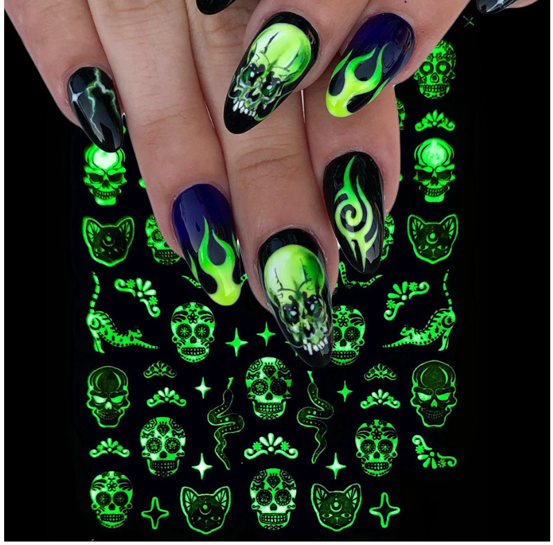 6Pc Adhesive Luminous Nail Art Halloween Skull Ghost Pumpkin Spider Web Bat NS43