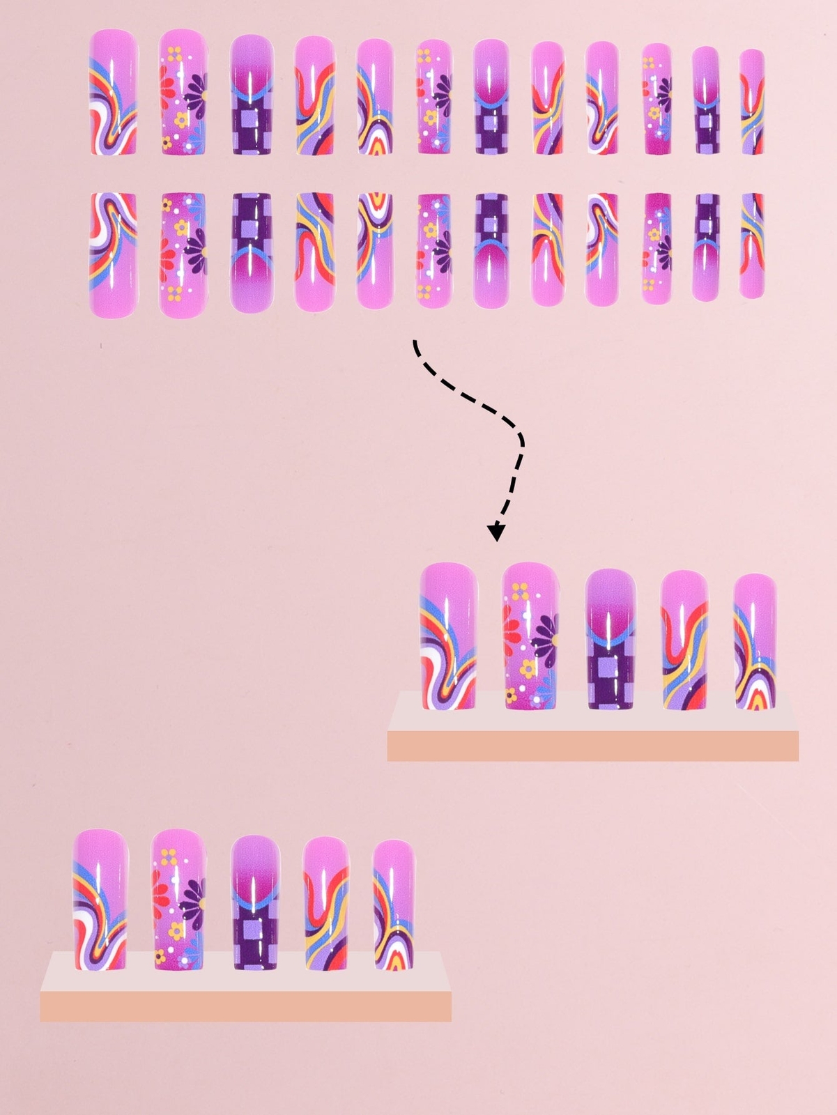 24pcs/set Long Coffin French Purple Floral Fake Nails False Nails Press On Nails