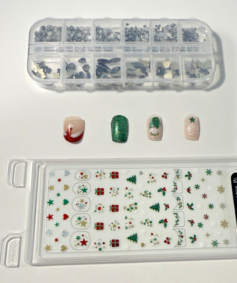 Christmas Nail Art Bundle – 2 Sets Press-On Nails, Holiday Stickers & Nail Charm