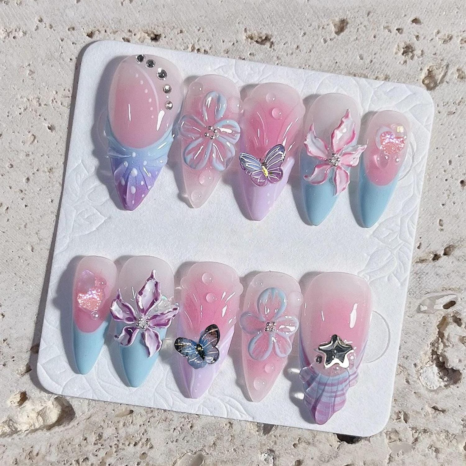 30Pcs Spring Butterfly Press on Nails Medium Almond Purple French Tip Fake Na…