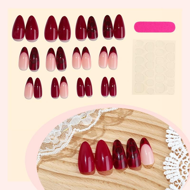 French Tip Press on Nails Red Leopard Print Design Short Almond for Glossy Fa…