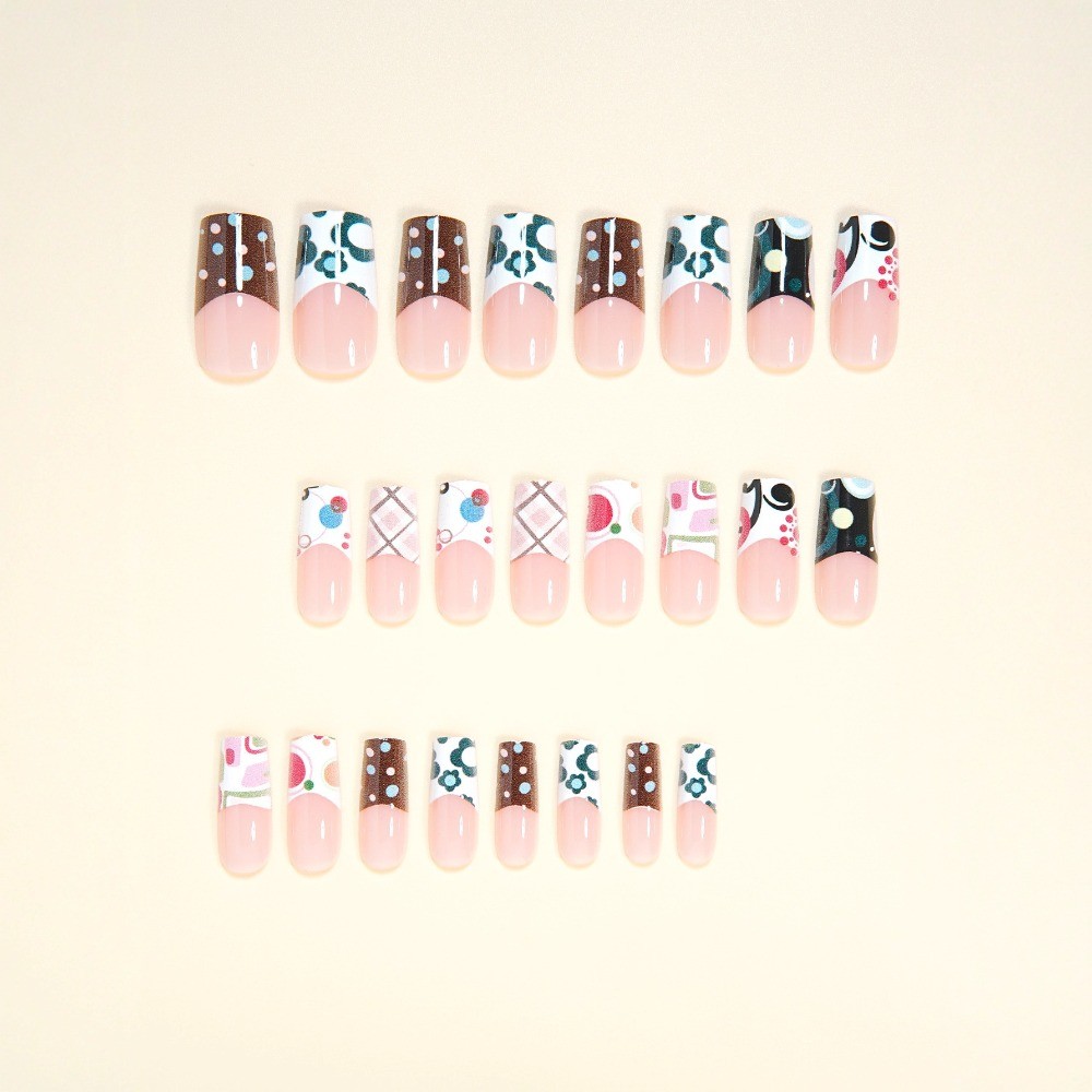 48pcs-Y2K French Tip Press on Nail, Extra Long Square Abstract Doodle Fake Nails