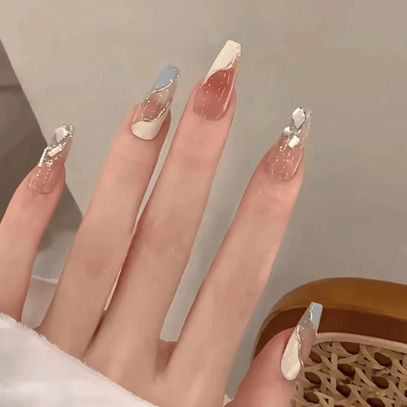 48 Pcs Nude White Blue Press on Nails, Medium Coffin Silver Accent False Nails